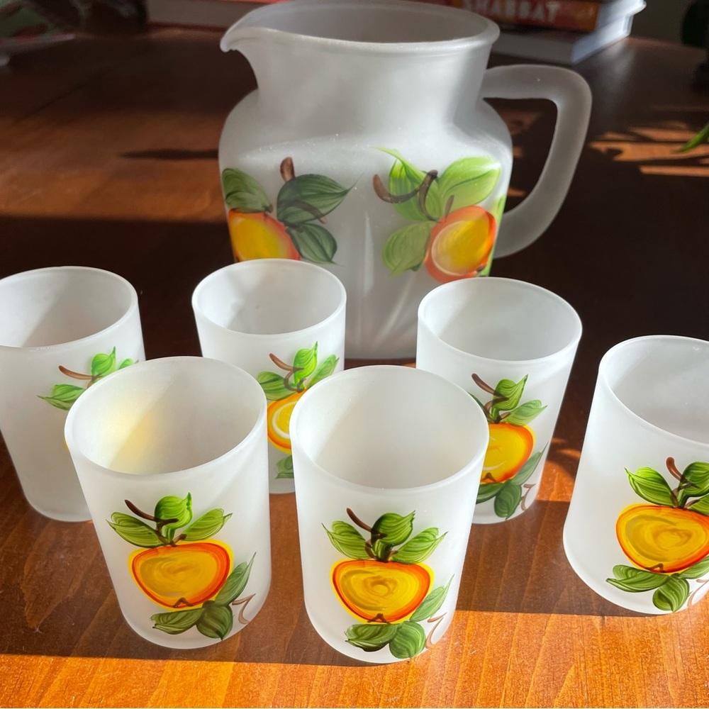 Vintage Orange Juice Satin Glass Pitcher & Six Matching Glasses